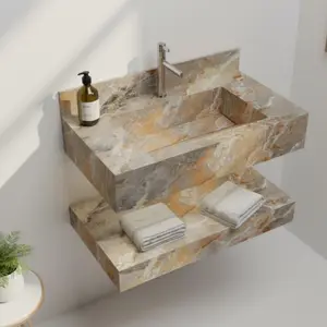 MLF Bathroom Vessel Sink - Premium Ceramic Marble Pattern Wash Basin, Wall Hung Floated Bathroom Sink Bowl, Modern Bathroom Sink for Vanity Countertop