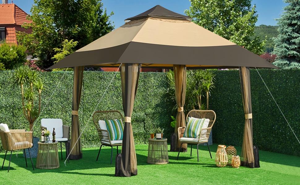 【On Sale】 Yaheetech Pop Up Gazebo Outdoor Canopy Shelter, Instant Patio Gazebo Sun Shade Canopy Tent with 4 Sandbags, Double Tiers & Mesh Netting for Lawn, Garden, Backyard & Deck