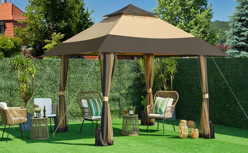 【On Sale】 Yaheetech Pop Up Gazebo Outdoor Canopy Shelter, Instant Patio Gazebo Sun Shade Canopy Tent with 4 Sandbags, Double Tiers & Mesh Netting for Lawn, Garden, Backyard & Deck