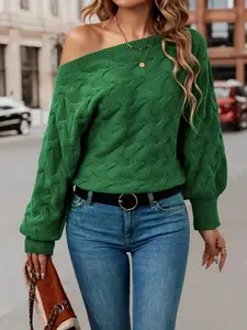 Women's Off Shoulder Boat Neck Batwing Sleeve Sweater, Autumn/Winter Casual Elegant Cable Knit Solid Color Loose Fit Long Sleeve Jumper Sweater Top, Fashion Chic Soft Cute Stylish Knitted Top, Women Fall Outfit, Winter Sweater for Women, Cute Knit Top