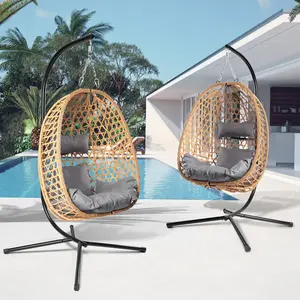 Set of 2 Egg Patio Swings Chairs, Wicker Hanging Pods with Stand, Perfect for Indoor/Outdoor Use, 330LB Capacity Each, Includes 2 Comfortable Cushions,Summervibes