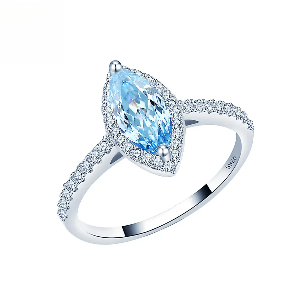 Loveden Shiny 5*10 Marquise Shaped Aquamarine Color Gems Ring for Women Daily S925 Sterling Silver Charm Jewelry Accessories
