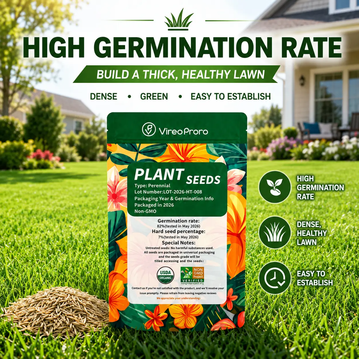 Perennial Lawn Grass Seeds Packet (3000 Pcs) for Full Sun Outdoor Use, New Grass Areas, Overseeding Thin Lawns & Bare Spot Repair for Homeowners’ Yds