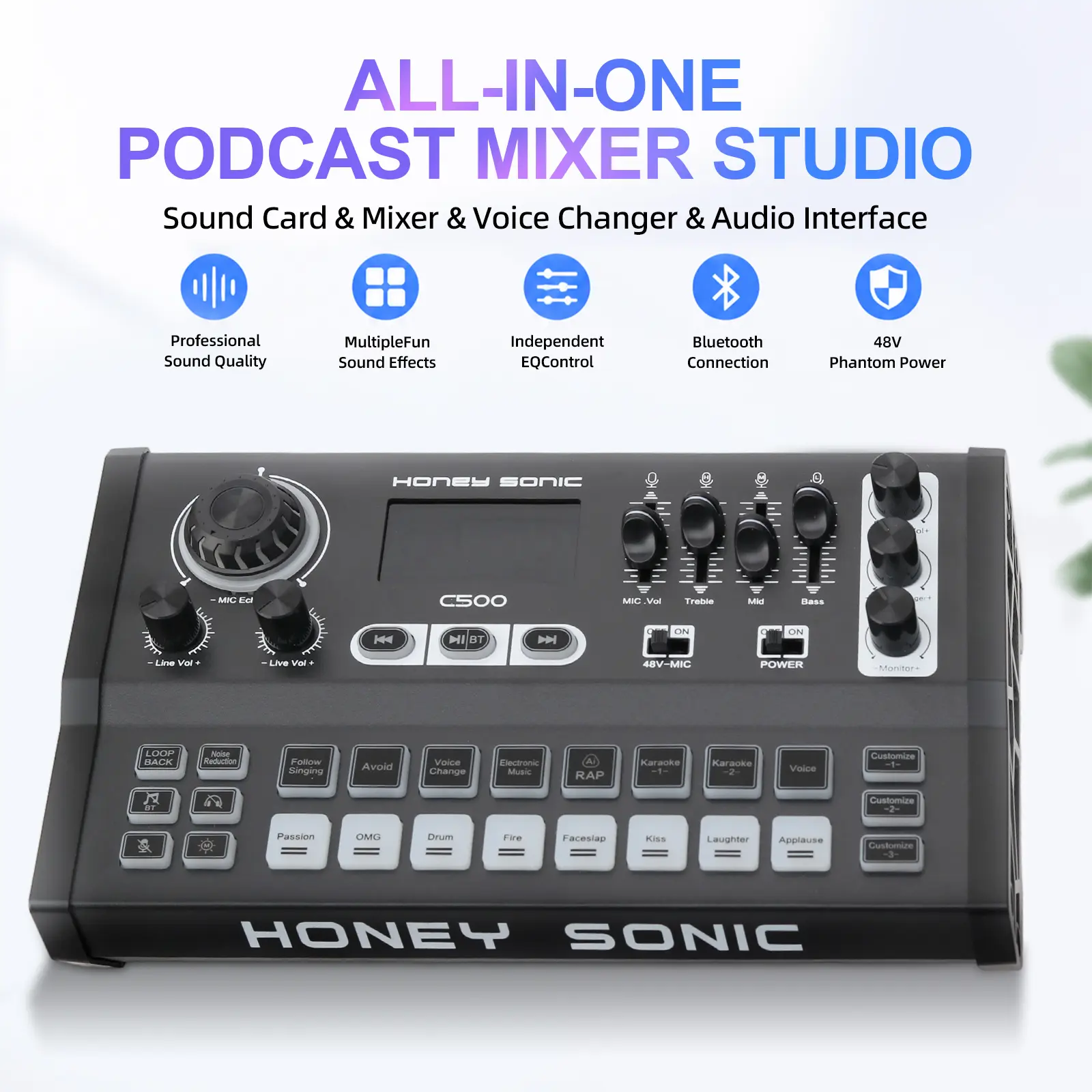 RGB Multi-Effect Live Audio Mixer Sound Card - All-in-1 Home Amplifier with Built-in DJ Sound Effects, Shock Mount, 5V Standard Power, Adjustable Settings, Black C500, Dual-Core DSP Chip, Daily Use, TikTok Shop Creator Picks