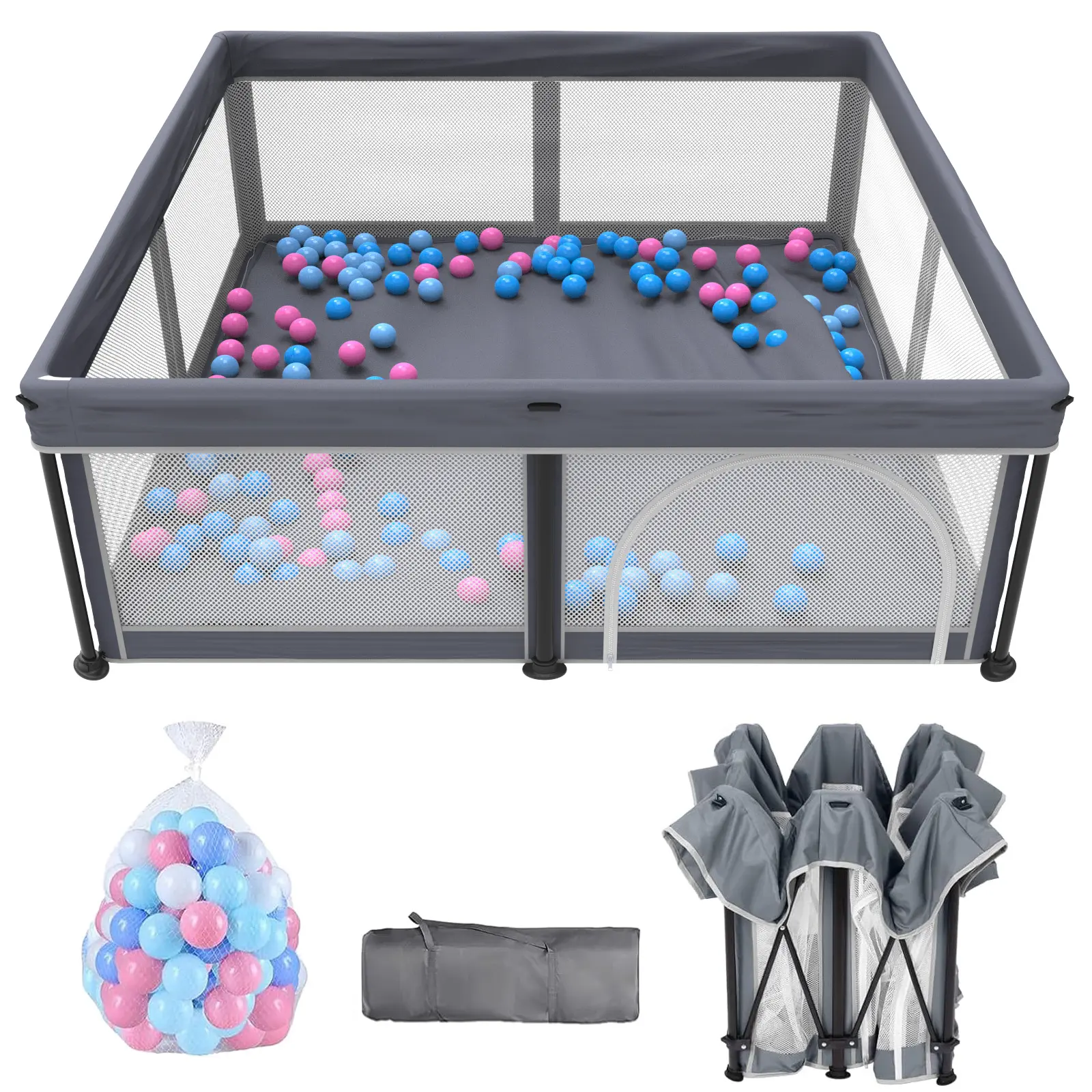 G TALECO GEAR Foldable Collapsible Portable Safety Playpen Play Yard (50"x50") with Mat, Breathable Gate, 50 Ocean Balls for Babies, Toddlers & Parents