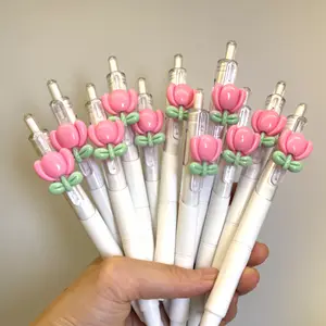 30/50pcs Spring Pink Tulip Romantic Flowers, Retractable Ballpoint Pen, Quick-Drying Gel Pen, INS Style High-Appearance Neutral Pen for Students, Exam & Study Pen
