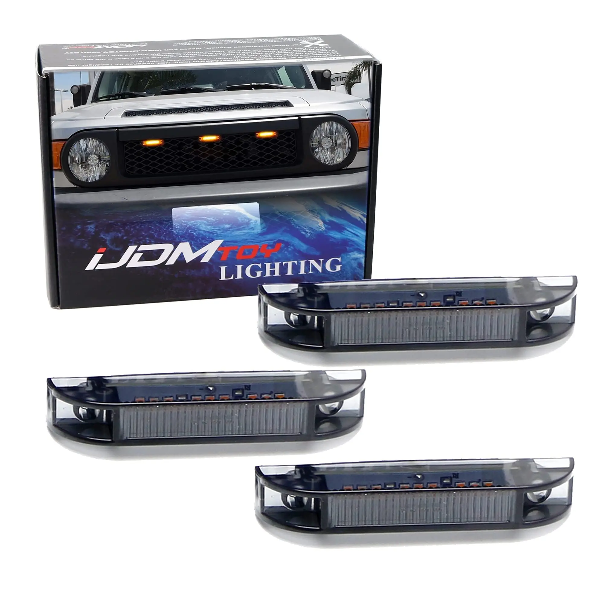 iJDMTOY 3pc Super Bright Amber LED Center Grille Running/Position Light Kit For 2007-2014 Toyota FJ Cruiser (Dark Smoke Lens w/Wiring and Hardware)