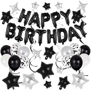 55PCS Black Birthday Party Decorations Set, Happy Birthday Banner with Star Foil Balloons, Latex Balloons and Hanging Swirls for Party Backdrop, Room Decor and Photo Booth Setup