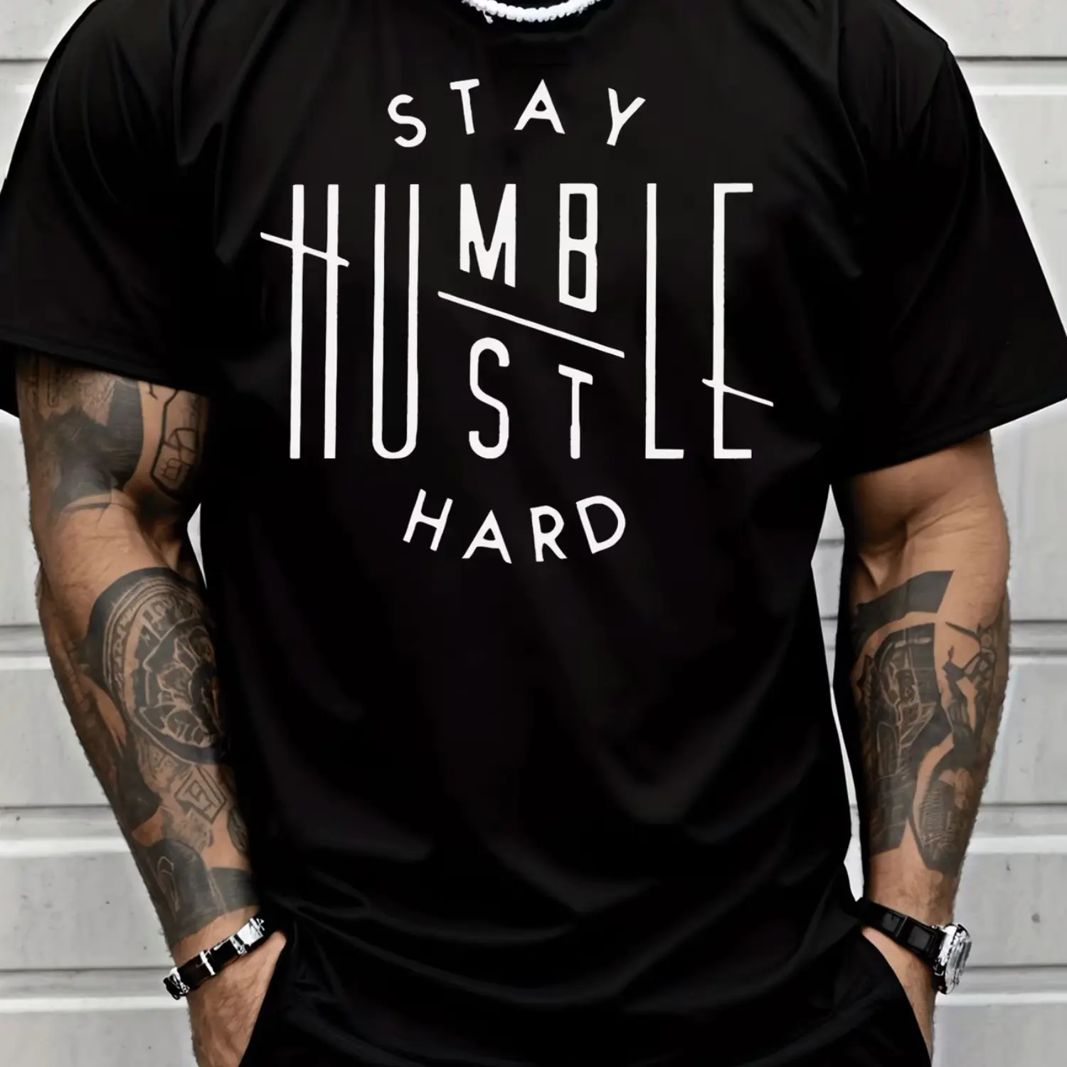 Stay Humble Hustle Hard Letter Print T-Shirt - Men's Casual Street Style Short Sleeve Tee Cotton Fabric