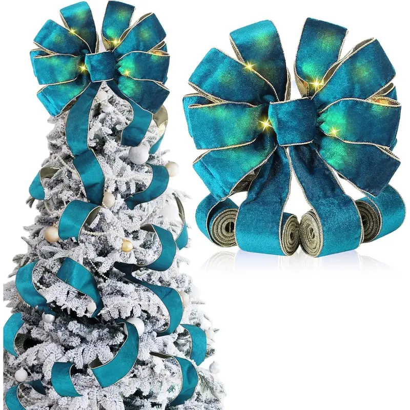 Velvet Large Christmas Tree Topper Bow 12.6 x 118 Inch Lighted up Double Side Velvet Christmas Bow with 4 x 3 Yards Ribbon Streamers for Holiday Xmas Tree Party Decoration(Turquoise)