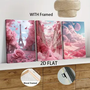 3pcs Framed  Paris Eiffel Tower Canvas Wall Art Pink Cherry Blossom Rose Flower Print Modern Minimalist Home Decor for Living Room Bedroom Dining Room Wall Hanging with Wooden Frame No Glass Ready
