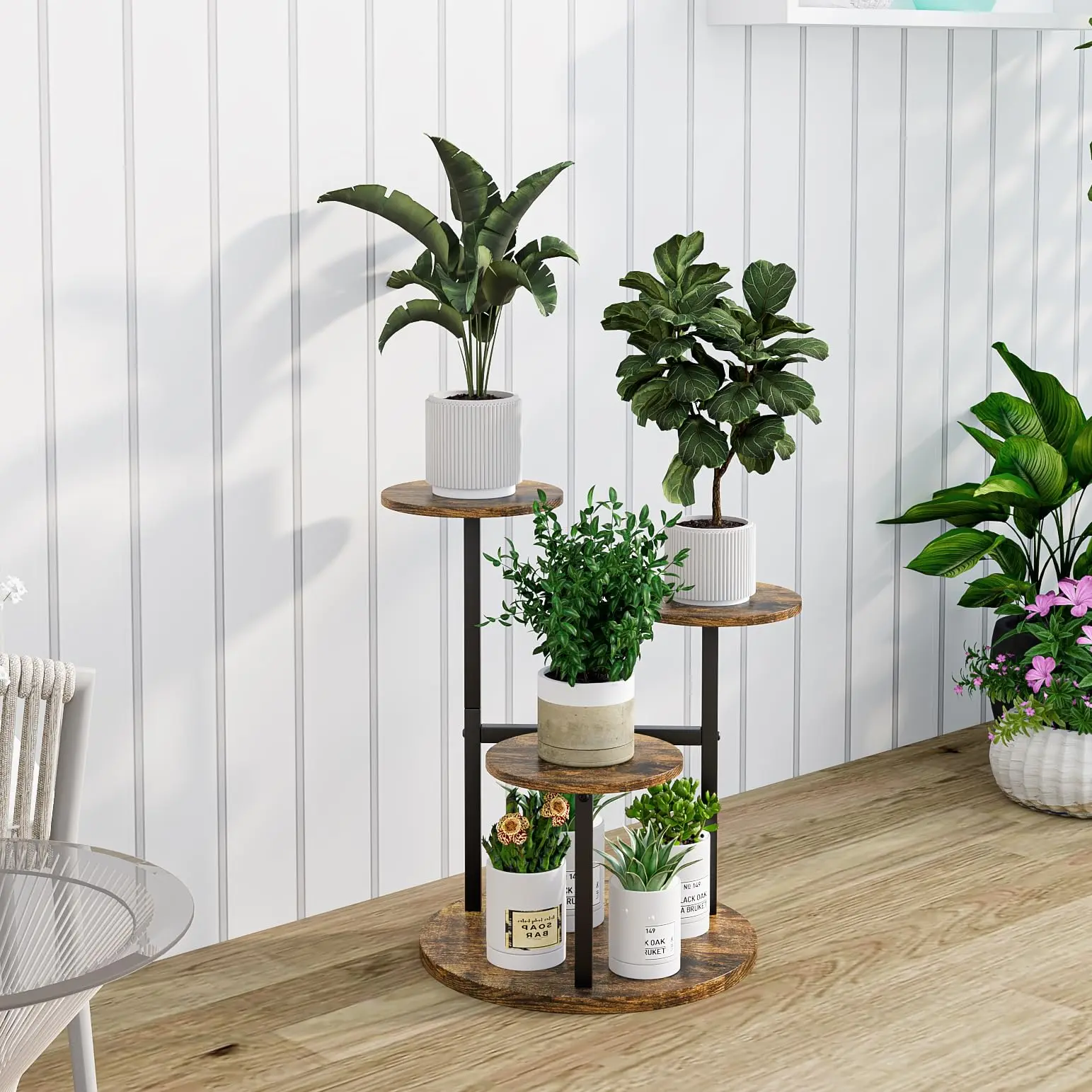 SUOERNUO 4-Tier Metal Plant Stand - Rectangle Space Saver Home Organizer, Metal Frame & MDF Board Solid Storage Holder for 5 Potted Plants, Frames & Toys, Living Room Corner Decor