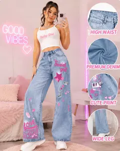 Sweet Girl Love Pink Star Heart Direct Spray Print High Waist Wide Leg Denim Jeans, Light Wash Blue Y2K Casual Pants