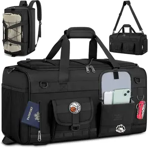 Gym Bag for Men, 45L Large 3 in 1 Sports Duffle Bag with Shoes Compartment & Wet Pocket Water-Resistant Sports Travel Weekender Bag Multipurpose Carry On Overnight Tactical Backpack, Black