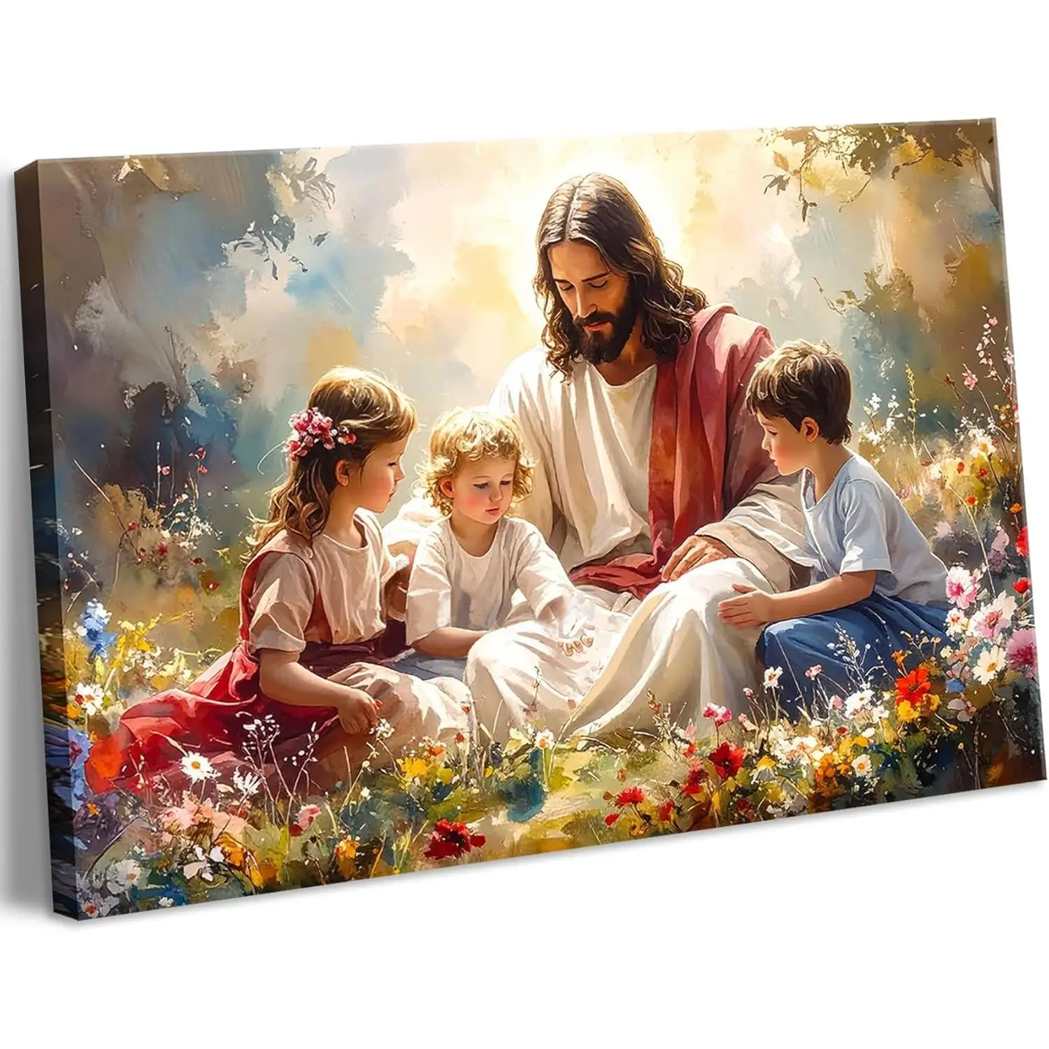 Artistic Luxury Classy Glamorous Religious Watercolor Framed Jesus With Children Canvas Wall Art Print - Waterproof, Multi-Size Christian Decor, 20x30in Easter Gift for Kids, Nursery Sunday School Home Decoration
