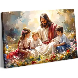 Jesus With Children Watercolor Canvas Wall Art, Christian Easter Gift For Kids Family, Nursery Sunday School Decor, Religious Poster
