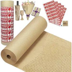 Honeycomb Packing Paper Wrap 15''x250', Substitute Alternative for Bubble Cushioning Wrap for Moving Shipping Packaging, Recyclable Moving Supplies with 60 Fragile Sticker Labels