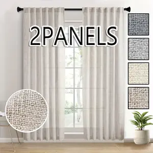2-piece set, modern farmhouse style, polyester imitation linen texture transparent and non transparent curtains, cloth bag hanging through poles, suitable for decoration occasions such as bedrooms, living rooms, offices, kitchens, etc