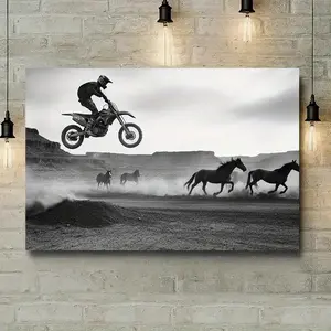 1pc Vibrant Action Scene Frameless Canvas Poster - Motocross Rider Mid-Air Jump Over Running Horses, Oil Painting Style Wall Art for Living Room, Bedroom, Office Decor - Detailed Imagery, Bedroom Artwork, Highquality Gift for Motorsport Enthusiasts