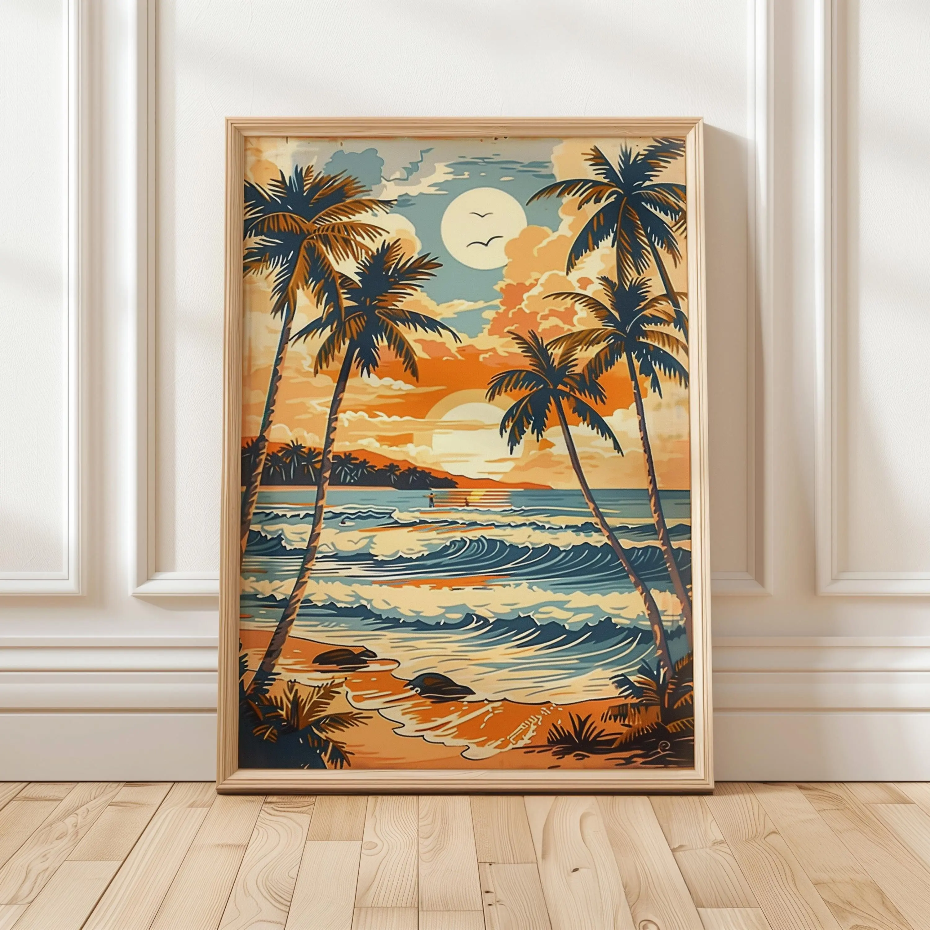 [SALE UP TO 40%] [Unframed] Tropical Sunset Poster, Palm Trees & Ocean View, Retro Beach Art