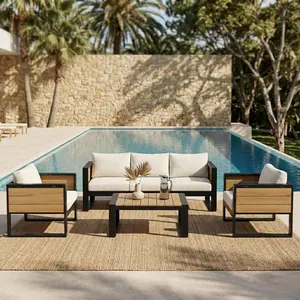 [Bellemave] Large 4-Piece  Aluminum Frame Outdoor Patio Furniture Set for 5 Person, 3-Seater Sofa, 2 Armchairs with Fold-Out Side Tables, Modern Garden/Patio Seating, All-Weather Use