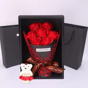 Realistic Flower Gift Box Set, Lifelike Artificial Flower, 7-Rose Bouquet with Bear Design, Creative Gift Idea for Valentine's Day, Mother's Day & Christmas