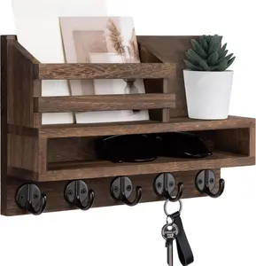 Key and Mail Holder Wall Mount, Key Hanger with Long Storage Box and 5 Hooks for Coat,  Leash,  Decor Rack, House Accessories, Entry Way Organizer 11.8W x 7.8H x 3.2D