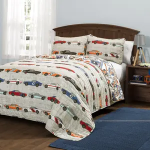 Lush Decor Race Cars Quilt 3 Piece Set Full/Queen Size Reversible Print Bedding Set, Machine Washable