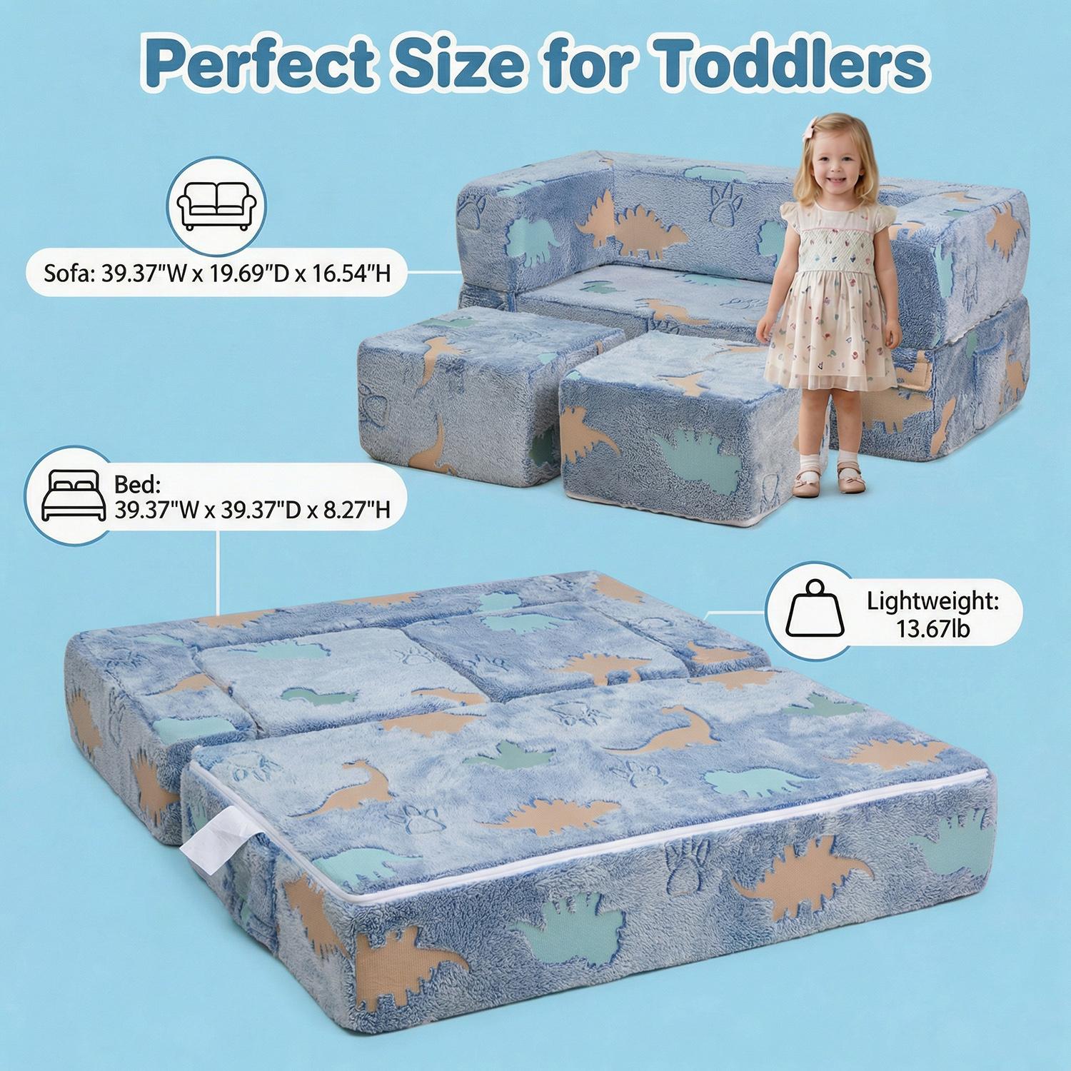 Blue dinosaur, a child-friendly sofa for babies, a large folding sofa bed, easy to assemble and clean, suitable for living rooms and bedrooms. It can be transformed into a bed, making it a perfect  birthday gift for both girls and boys