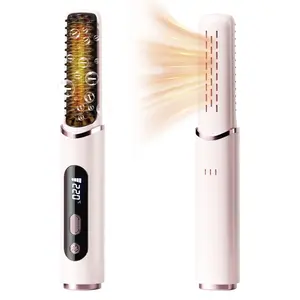 Cordless Hair Straightener Brush, 2 in 1 Curling & Straightening Brush , Mini Travel Hot Straightener Comb for Women, Fast Heating