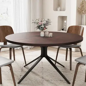 VOWNER 47” Solid Wood Round Dining Table, Farmhouse Wooden Kitchen Table for 4 - 6 Person, Circle Coffee Table with Steel Legs, Mid Century Table for Kitchen, Dining Room, Dark Walnut