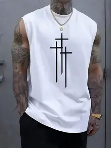 Men's Cross Print Round Neck Tank Top, Street Fashion Casual Crew Neck Top for Daily Outdoor Wear, Streetwear Tank Vest, Men's Clothes for Summer