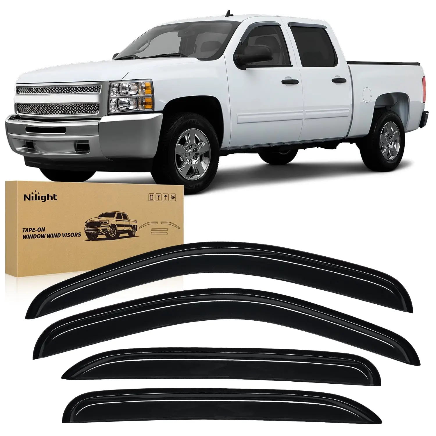 Nilight Tape-On Automotive Side Window Visors, 4PCS Classic Side Window Deflectors for Chevy Silverado 1500 Crew Cab 2007-2013, Vent Wind Deflectors, Car Accessories, Accessories for Car
