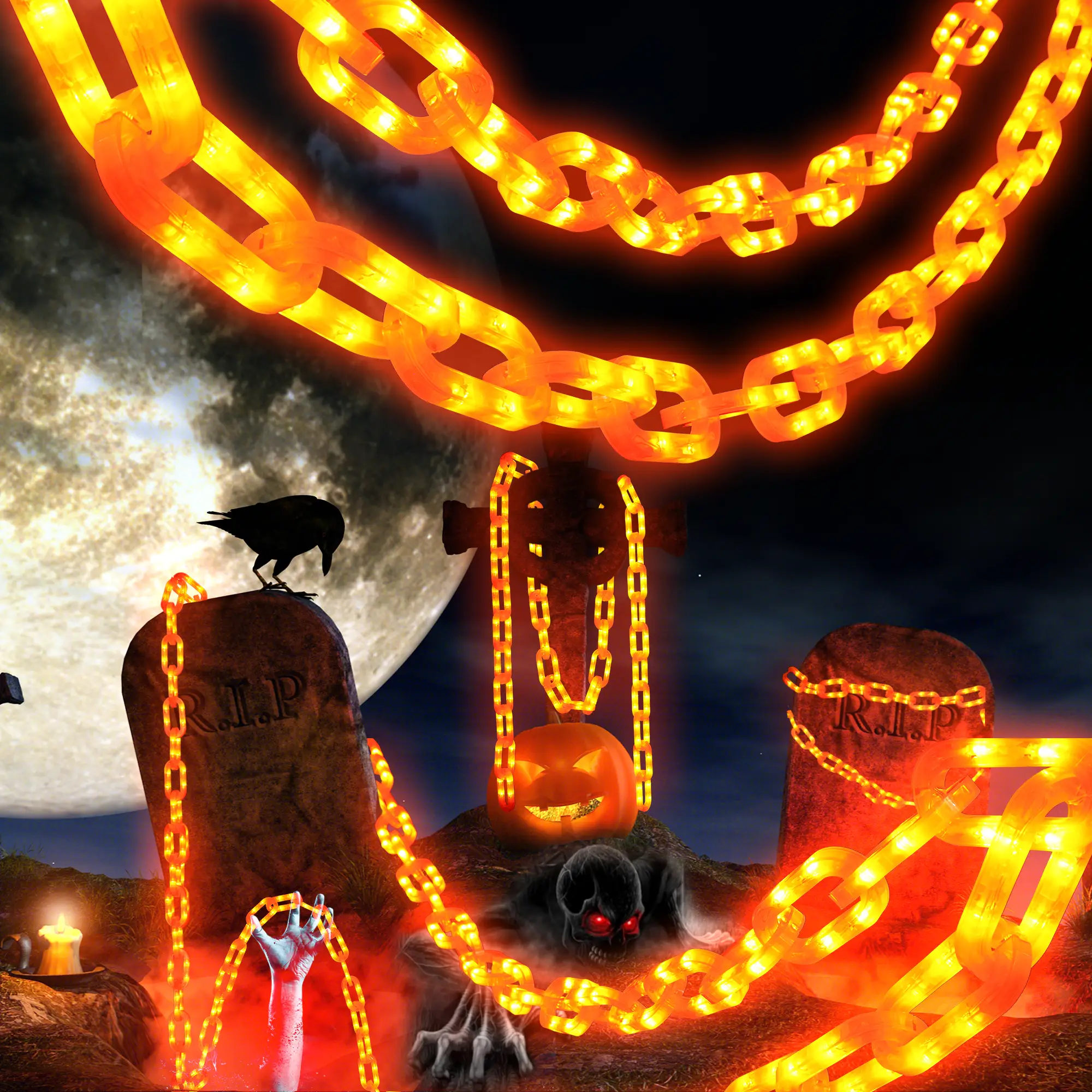 Halloween Decoration Battery Light String - 10ft 160 LED Plastic Chain Light String, Waterproof, 8 Lighting Modes and Timer Function (Orange) US Paten