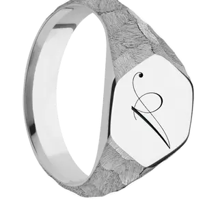 Medium Hexagon signet ring (13.9x12mm) in Titanium, with a Wide style band and a Kunstler Script 1 engraving.