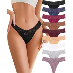 Cotton Lace Thongs for Women Sexy Breathable Womens Underwear Low Rise T-Back Soft Stretchy Ladies Panties