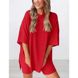 Two-Piece Oversized Casual Tee and Skinny shorts with Pocket