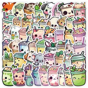 Set of 50 Kawaii Animal Milk Tea Cute Aesthetic Stickers, Funny Heart Graffiti Cartoon Art Cool Decoration Packaging, Suitable for Halloween Christmas Decoration, Adults Luggage Water Bottle DIY Laptop Skateboard Luggage Party Gift