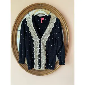 Black Cotton Polka Dot Button Front Lacy Cardigan Sweater