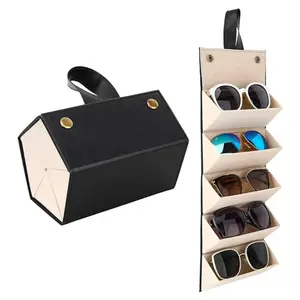 5-Slot Foldable Sunglasses Organizer – PU Leather Travel Glasses Case
