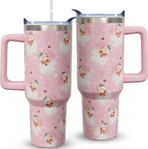40 oz Printed Pink Santa Claus Theme Stainless Steel Insulated Tumbler with Silicone Lid, Straw and Handle, Portable Christmas Drinkware for Women, Kitchenware Water Bottle