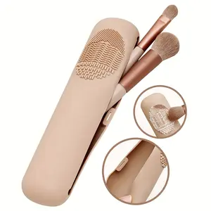 Beige Silicone Travel Makeup Brush Holder with Magnetic Seal | High-quality Drop-proof Design, Soft Texture, Unisex Adult Size.