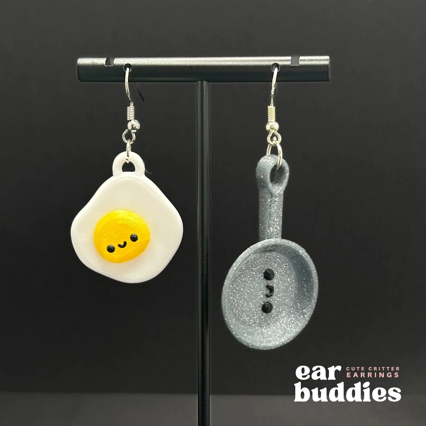 Fried Egg and Pan Ear Buddies Earrings - Cute Unique Design Printed Locally and Handcrafted