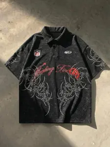 Men's Gothic Thorn print Polo shirt, street top with Grunge pattern, featuring retro sports badge details, loose fit for casual outdoor and street wear, durable and bold print suitable for urban and Gothic style fans
