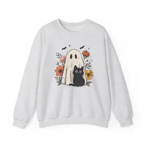 Cozy Ghost & Cat Sweatshirt, Halloween Crewneck, Unisex Sweatshirt, Fall Fashion, Pet Lover Gift, Spooky Season Wear