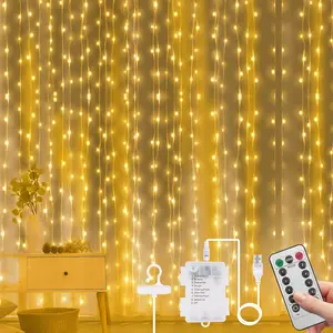 Fairy Curtain Lights,300 LED Warm White Curtain Lights,8 Modes 9.8x9.8Ft  Window Curtain String Light USB&  with Remote Control,String Lights Curtain for Indoor,Outdoor