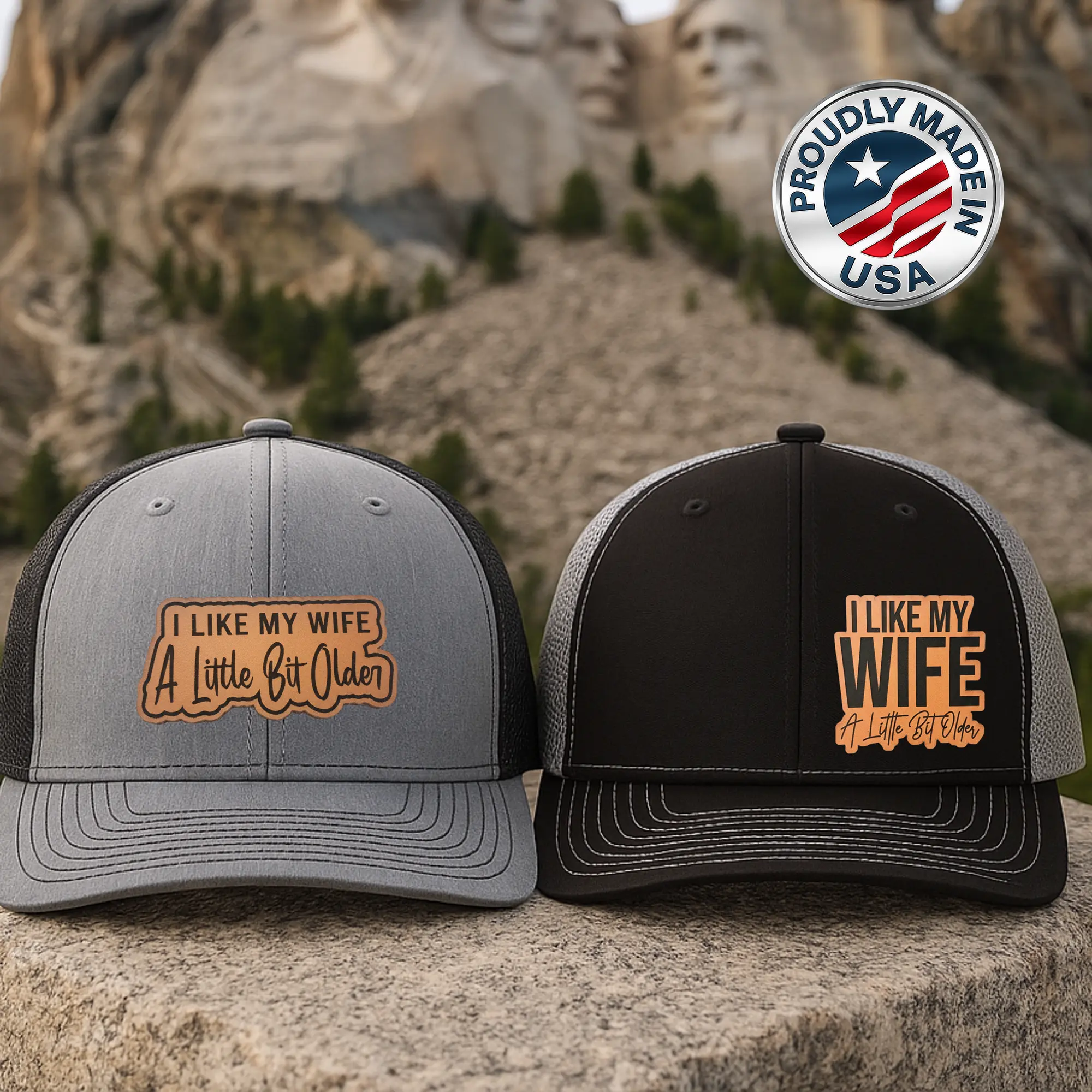 I Like My Wife Older Hat – Funny Trucker Cap with Leather Patch – Adjustable Mesh Snapback - FREE Keychain with purchase