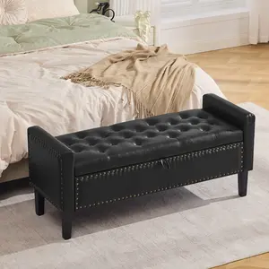 47-Inch Faux Leather Storage Bench—an Upholstered Bed-End Bench with Hidden Storage, Featuring Solid Wood Legs—Ideal for the Bedroom, Living Room, or Entryway