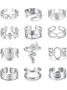 12 Pcs Silvery Golden Diverse Thumb Rings for Women Men Trendy Ring Pack Durable Stainless Steel for Daily Long-term Wear Assorted Statement Ring Set Various Fashionable Designs Twisted Band Classic Signet Style Hollow Carved Minimalist Plain Open Rings