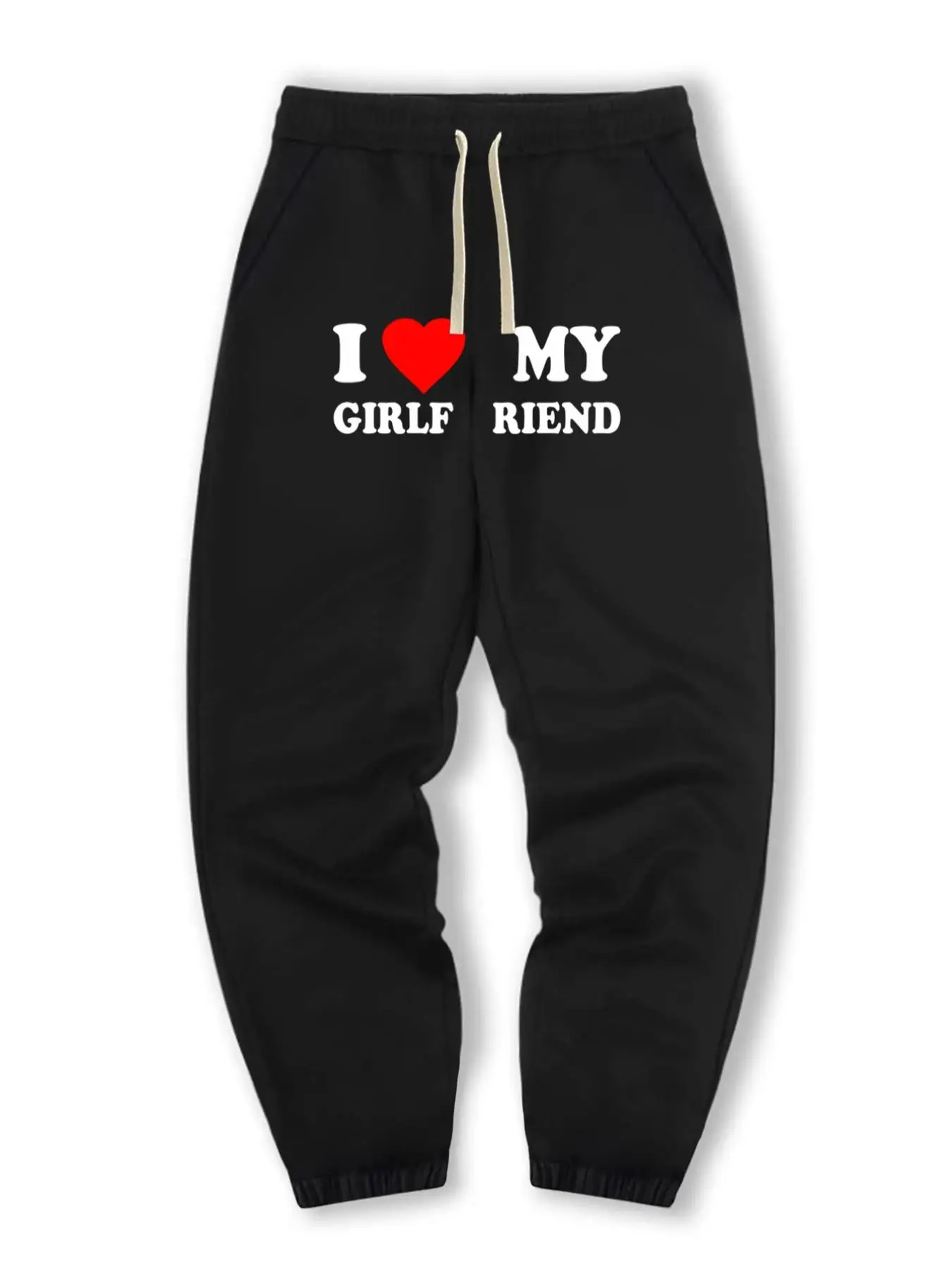 Men's Heart & Letter Print Drawstring Sweatpants, Regular Fit Casual "I Love My GF" Print Pocket Jogger Pants, Men's Bottoms For All Seasons